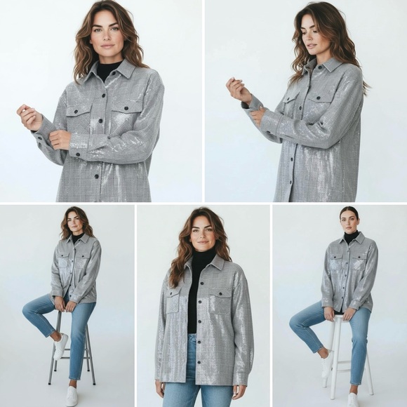 BAGATELLE Avec Les Filles Clear Sequin Shimmer Plaid Jacket Oversize Boxy Fit - Picture 2 of 12